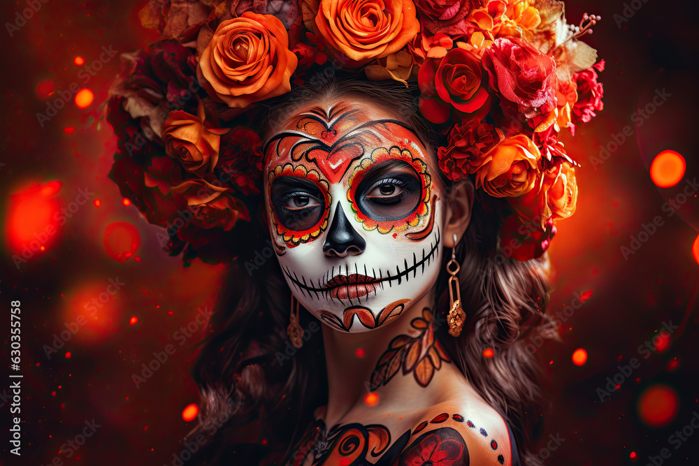 Portrait of a girl  wearing Dia de Muertos  make up and costume