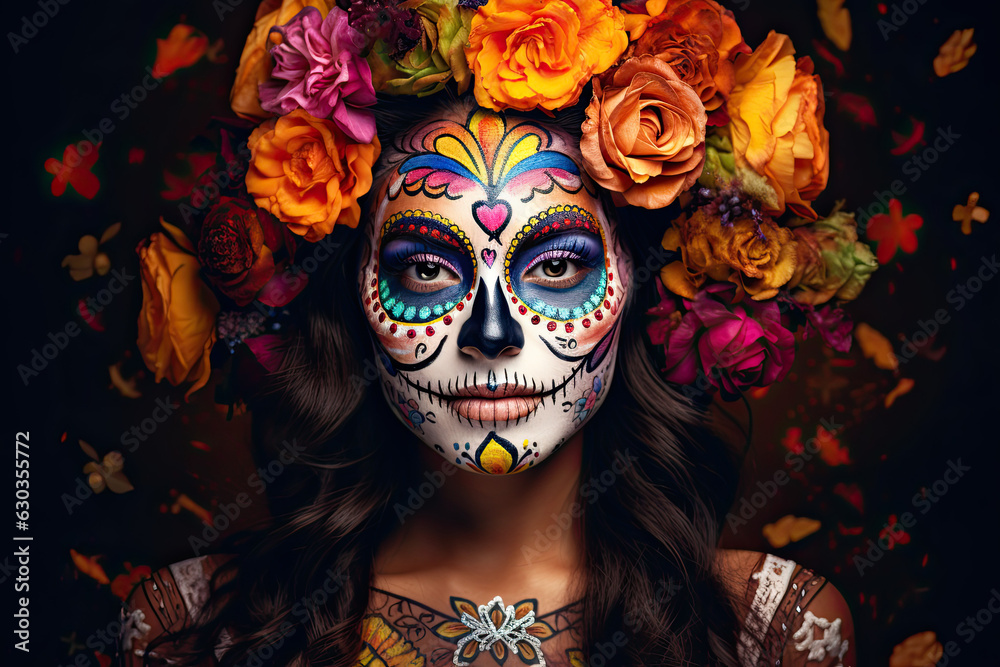 Portrait of a girl  wearing Dia de Muertos  make up and costume