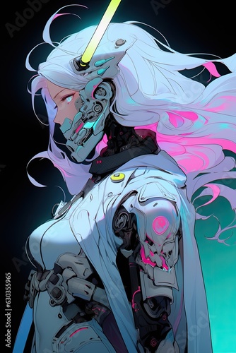 Anime Cyborg Girl in White Mech Suit and Robotic Mask