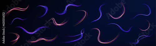 Racing cars dynamic flash effects city road with long exposure night ligh. Panoramic high speed technology concept, light abstract background. Abstract neon background with shining wires.	