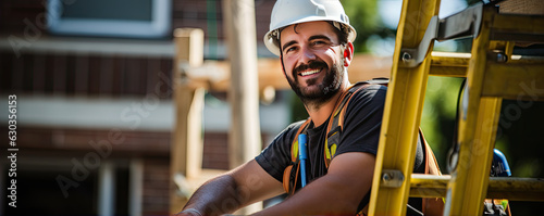 Smiling worker on roof construction on ledder with work uniform an hard hat.