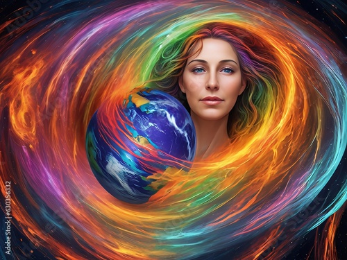 Un majestuoso retrato de la Madre Tierra, rodeado de un aura arremolinada de colores