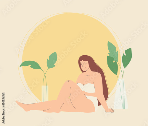 Happy body positive plump woman in underwear vector illustration