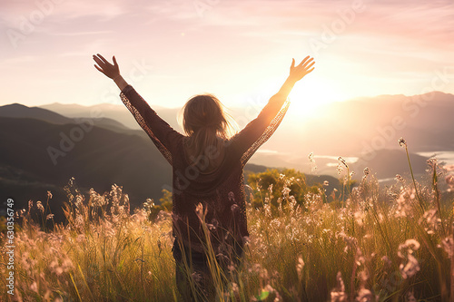 Embracing Nature's Beauty Carefree Woman Enjoying Sunrise on Mountain Cliff Meadow with Lens Flare. created with Generative AI