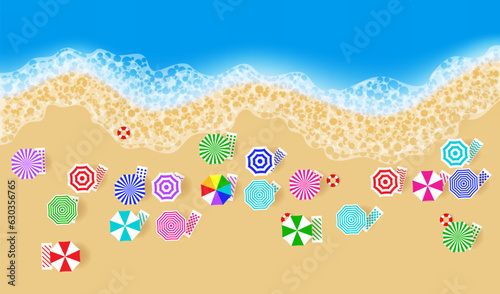 Sandy beach  top view. Coastline  surf  and color beach umbrellas. Beach holiday background. Vector illustration