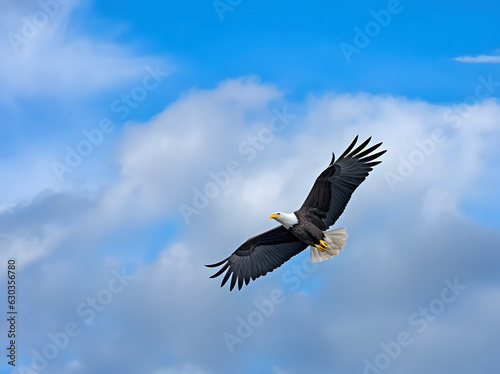 American bald eagle soaring against blue sky.