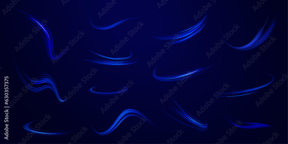 Blue technology background with motion neon light effect. Light everyday glowing effect. The effect of speed on a blue background. Vector Illustration. Blue technology background with motion neon light effect. Light everyday glowing effect. The effect of speed on a blue background. Vector Illustration.