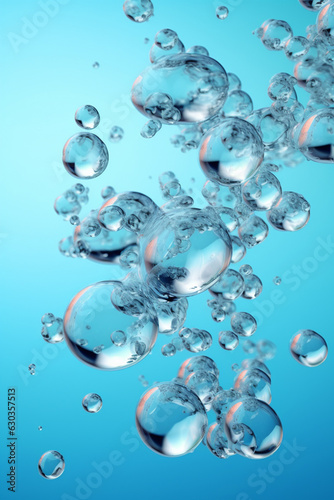 Ethereal Ascension: Bubbles Rising Up Underwater in Bright Azure Blue Background - AI generated