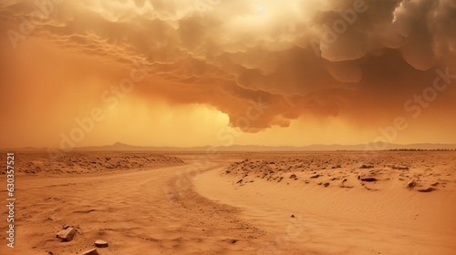 Wide panorama of barren cracked land with sun barely visible through the dust storm