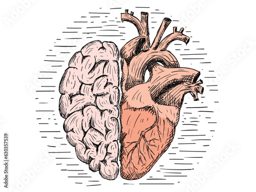 Heart vs brain emotions with rationality vector illustration. Print or tattoo design isolated on white background vector illustration.