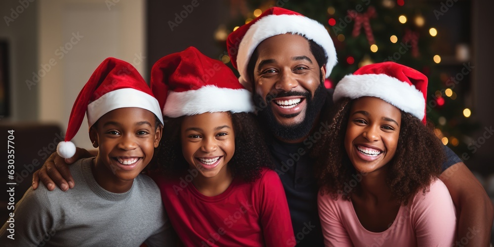 Happy African family wear santa hat for Christmas at home, generative ai Happy African family wear santa hat for Christmas at home, generative ai