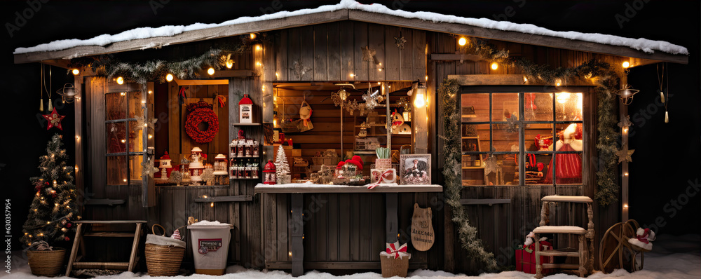 Winter christmas Market Stalls decortative. wide banner