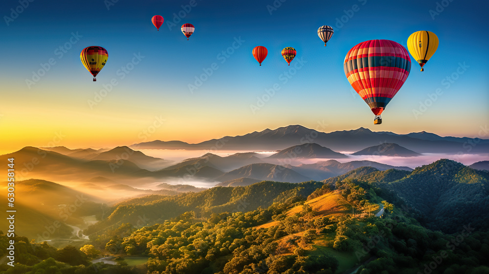 Adventurous Hot Air Balloon Flight Colorful Balloons Soaring Over Doi Inthanon Mountain in Chiang Mai, Thailand. created with Generative AI