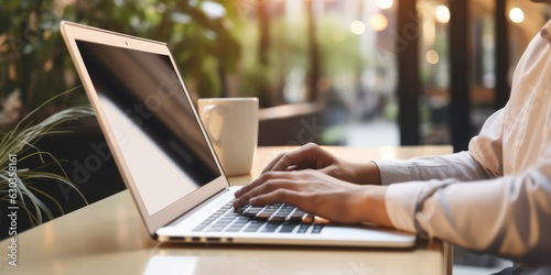 Close up Businesswoman using laptop computer at coffee shop. Female hand typing on laptop keyboard in office, work from home, online learning, studying concept, generative ai