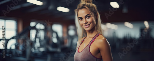 Attractive woman smiling in gym background. wide banner © Michal