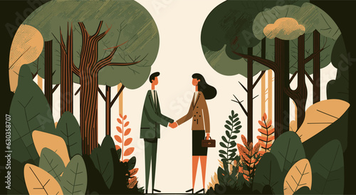 Vector man and woman shaking hands on nature background flat style minimalism