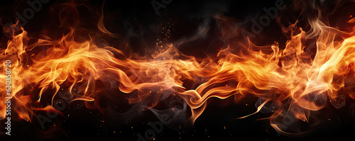 Fire flames on black wide background.