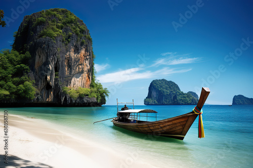 Tropical Paradise Thailand Beach on a Serene Island with Travel Boats during a Breathtaking Summer at Sea. created with Generative AI © photobuay