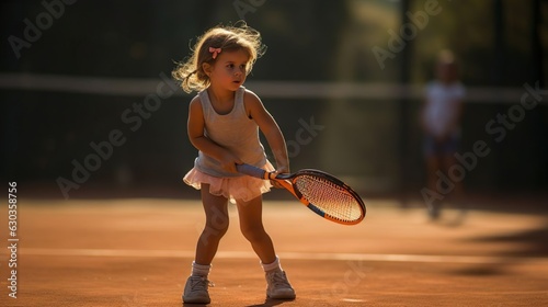 Cute little girl kid is playing tennis with a racket on a tennis court. Sport for children. Generative Ai technology.