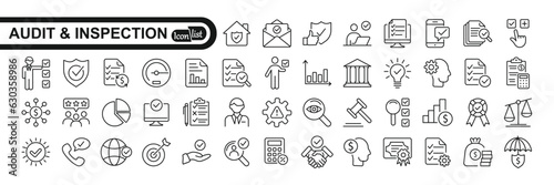Audit and inspection outline  stroke icons set. Examination, testing, quality control, check, inspect, collection. Vector illustration.