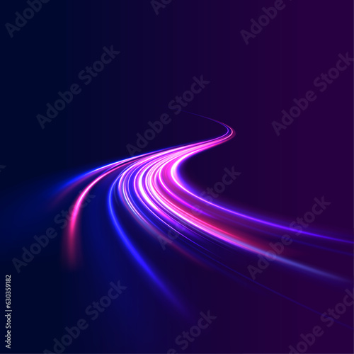 Abstract rotational border lines. Power energy. LED glare tape. Futuristic dynamic motion technology. Neon color glowing lines background, high-speed light trails effect. Purple glowing wave swirl.	