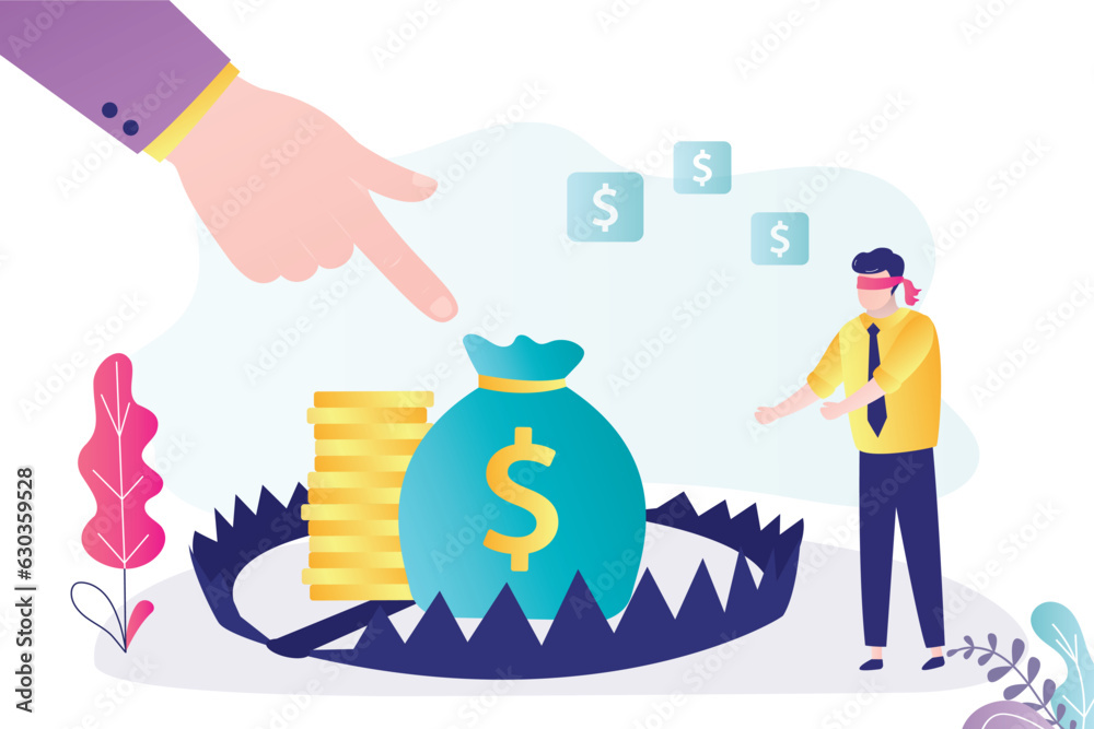 Fototapeta premium Advertising fraud, referral program for inexperienced beginners. Easy money in trap. Money bait for business people. Saving money in wrong way, mistake. Dangerous, risk investments