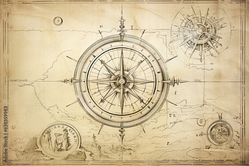 Nautcal compass and vintage map sketch drawing. Exploration and sailing concept. Poster design. Generative Ai