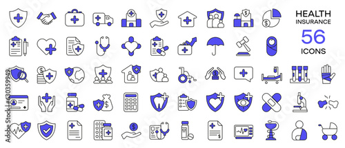 Set of insurance and guarantee icons. Contains icons of health insurance life car home travel insurance. Vector illustration