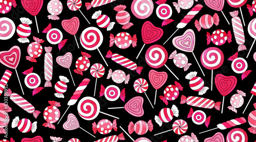 Candy cane pattern. Valentine's day background. Many types christmas treats on black background. Valentines day lollipop. Striped candies on dark backdrop. Tasty, hand drawn delicious holiday print.