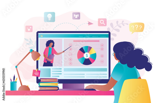 African american girl student watching financial literacy course online. Calculation of income and expenses. Money management, budget planning. Internet education technologies.