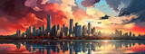 Modern City Skyline at Dusk stylized pop art poster