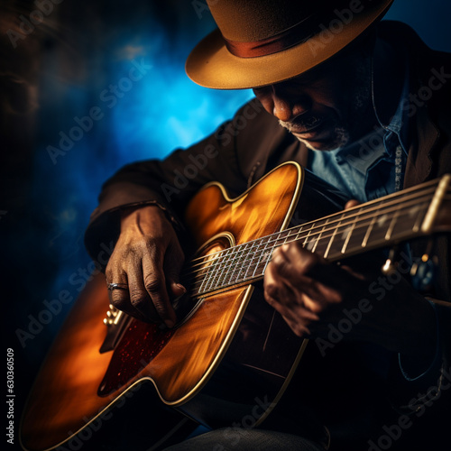 Bluesman play on guitar blues rock under stage light. Festival music concert with songs. Black skin guitarist in hat. Retro style.
