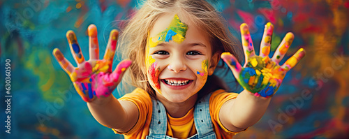Smiling child with shoving hands painted color.