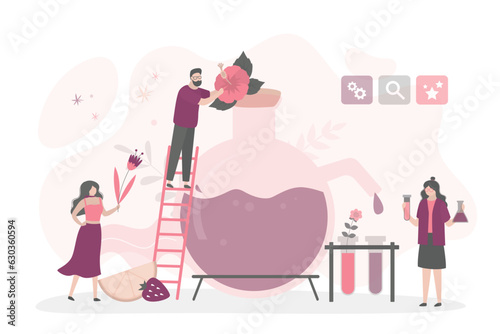 Group of chemists or perfumers create a new perfume fragrance.  Scientists creating natural oils essence, toilet water spray. People in laboratory making aromatic perfume,