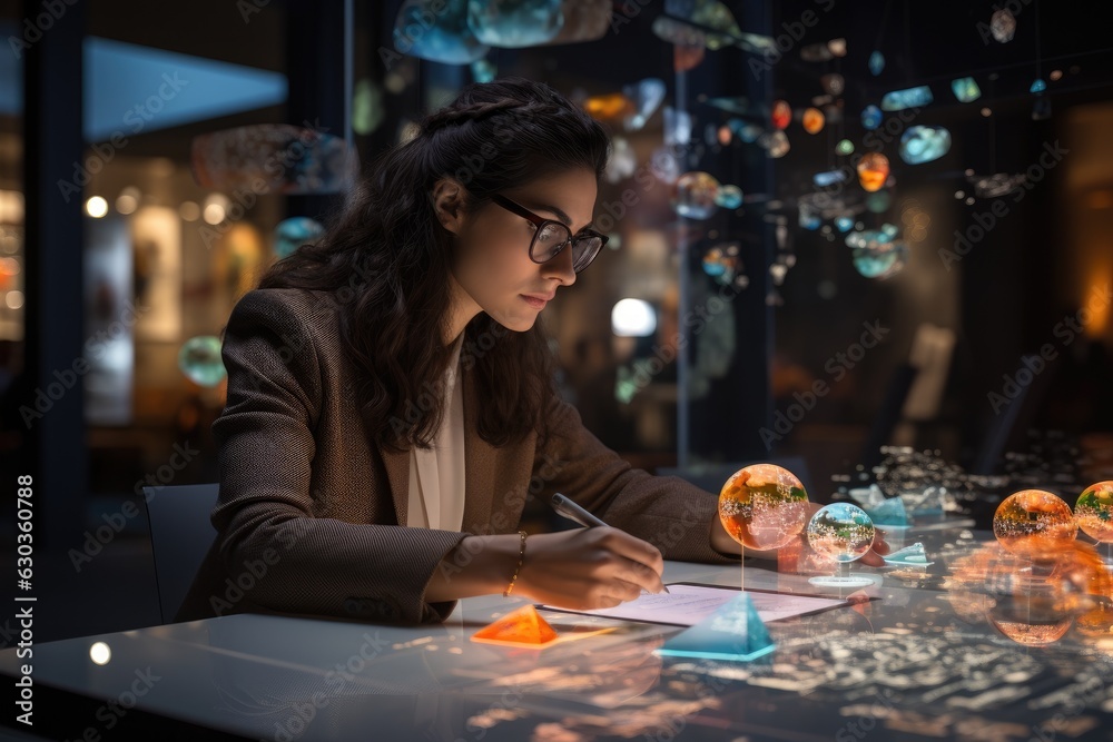 Fototapeta premium Businessperson, analysing data in a futuristic holographic scene.