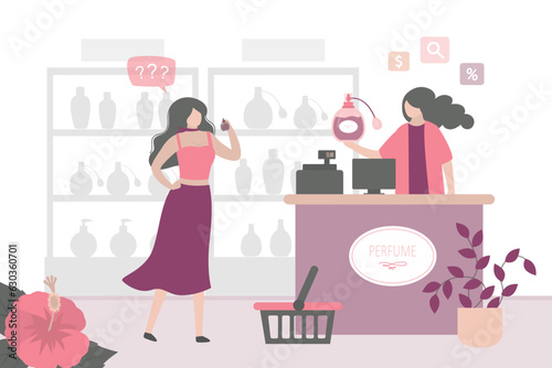 Perfume fragrances shop. Woman customer select natural oils essence, toilet water spray. Businesswoman sell aromatic perfume, deodorant. Luxury beauty cosmetics perfumery store.