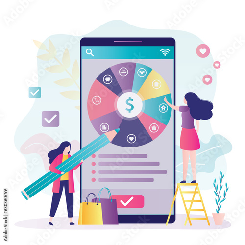 Woman uses cell phone and planning personal budget in financial planner application. Smart girls thinking about earnings and spendings. Round pie chart with dollar coin and indications