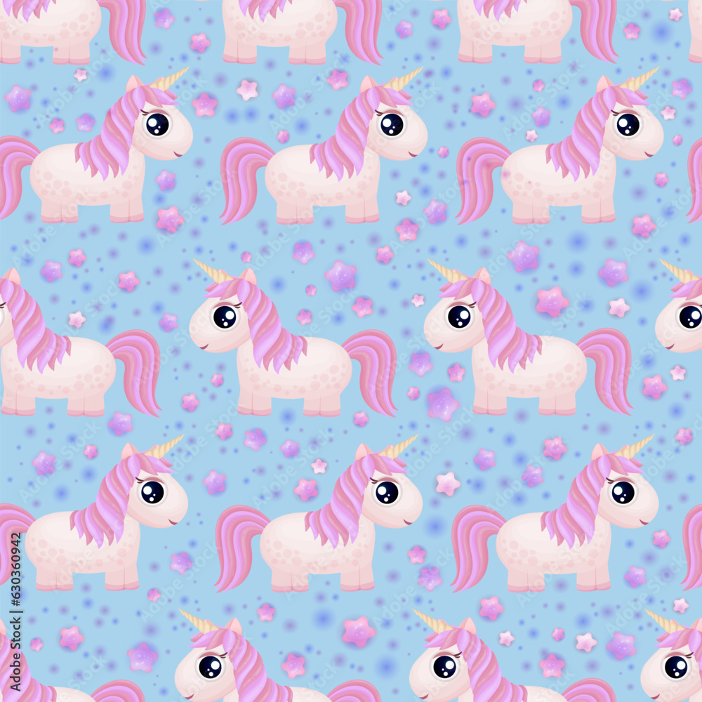 Unicorn pattern. Cartoon unicorn print. Fantasy animal background. Cute pink little magical unicorn. Children cartoon fantasy horse. Adorable pony, magical stars, pink clouds. Fairytale. Wonderland.