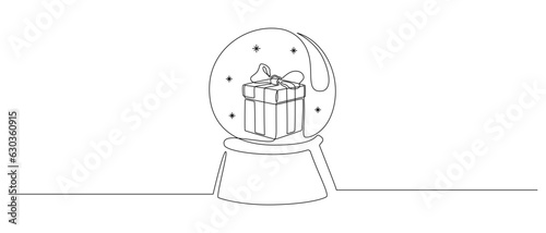 One continuous line drawing of Christmas crystal snow globe with gift box. Magic glass ball for winter xmas holiday concept in simple linear style. Editable stroke. Doodle vector illustration