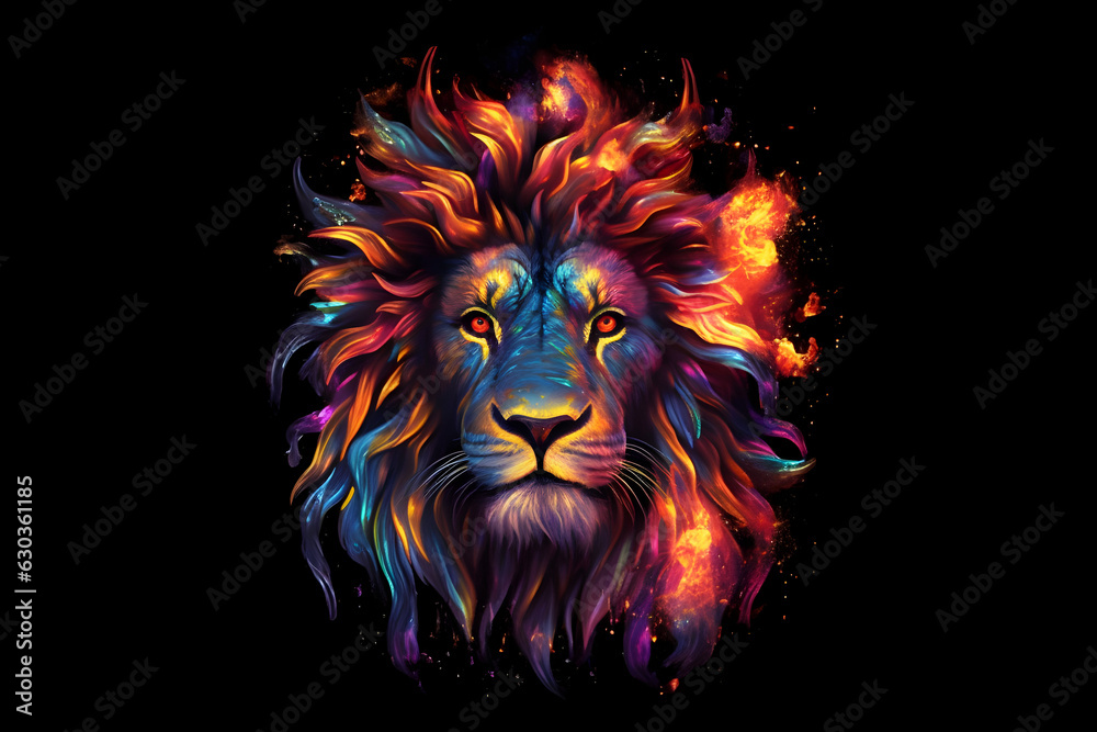 Lion's Fiery Brilliance: A Multicolored Mane of Flames generated by AI