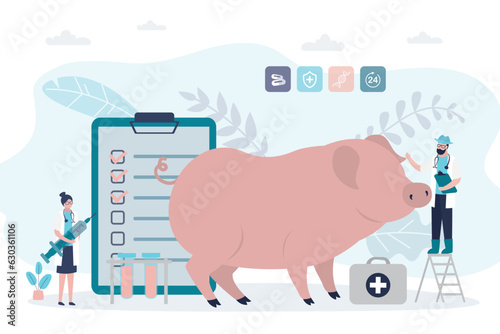 Group of veterinarians with cow. Veterinary services, health check center. Vet clinic services. Medical checkup for farm animals. Agriculture industry.
