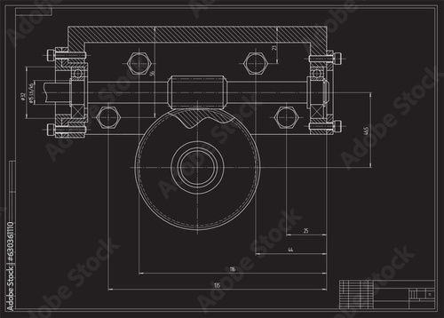 Vector engineering cad drawing of a mechanical part (steel shaft)
with through holes and bolted connections.
Computer aided design of machine parts. Technical cad background.