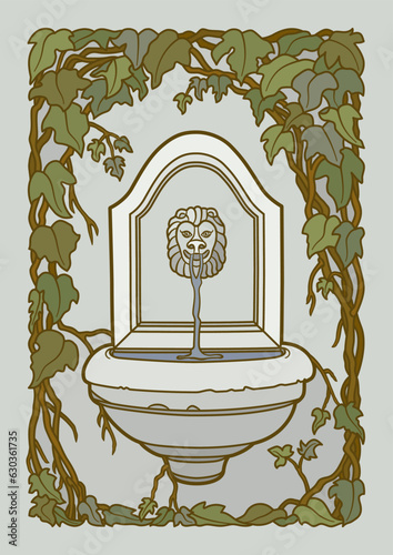 A vector image of an old drinking spring and a bowl in the shape of a semicircle,as well as a bas-relief in the form of a lion's head,from whose mouth water flows, mounted on a wall overgrown with ivy