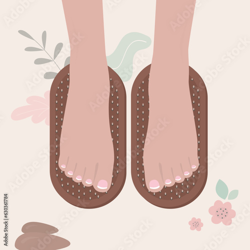 Sadhu boards hobby. Legs stand on nails bed. Wooden board for yoga practice. Meditation and relaxation. Yoga desk and feet, top view. Alternative medicine and treatment.