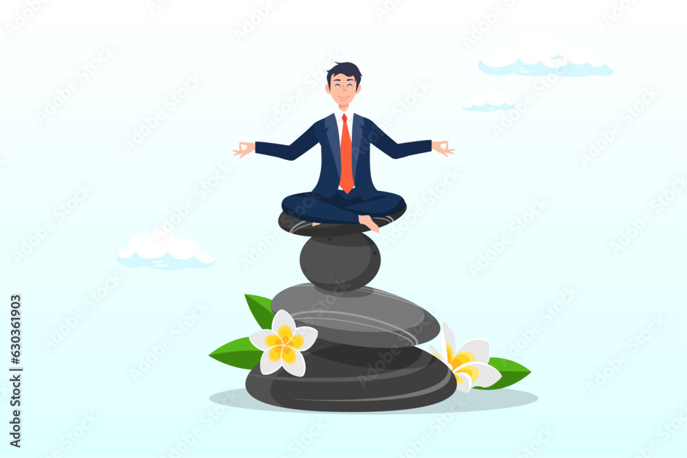 Calm peaceful man meditate sitting on stack of zen rock pyramid, mindfulness meditation to balance work and life, mental health healing with relaxing yoga, enjoy freedom, peace and solitude (Vector)