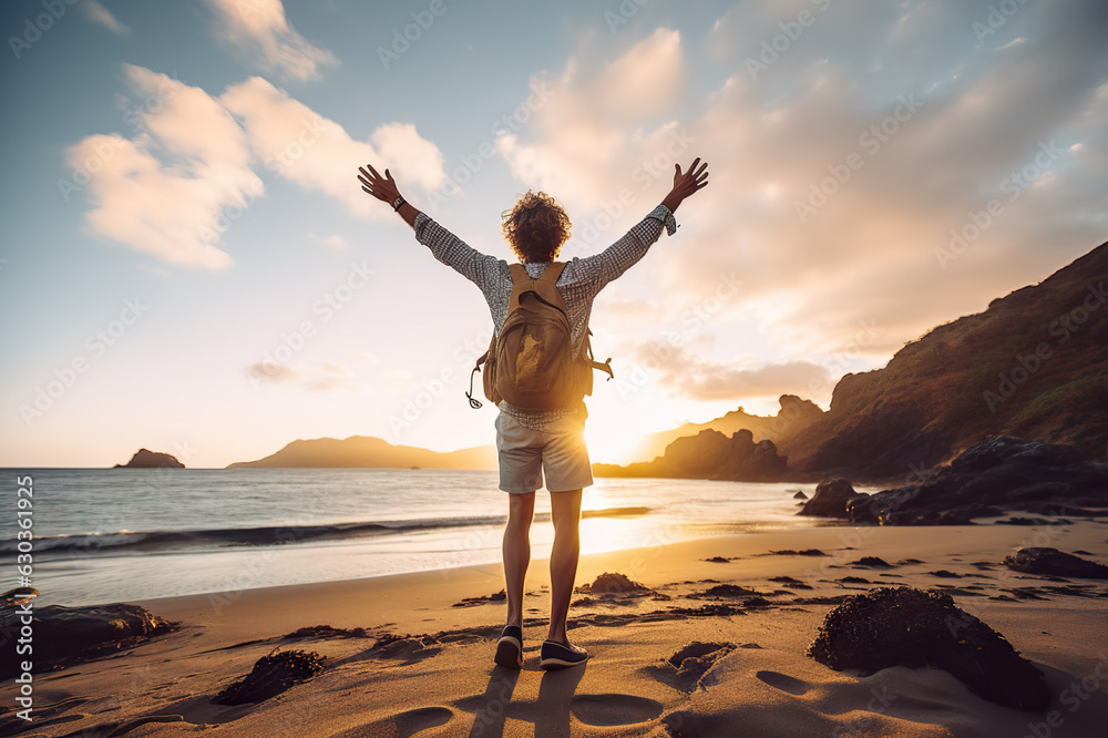 Young Man with Arms Outstretched by the Sea at Sunrise, Capturing the Essence of Travel Wellbeing. created with Generative AI