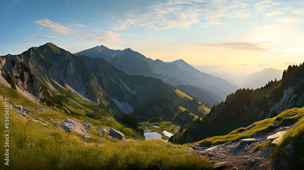 Evening Alpine Panorama Breathtaking Herzogstand Mountain Landscape. created with Generative AI