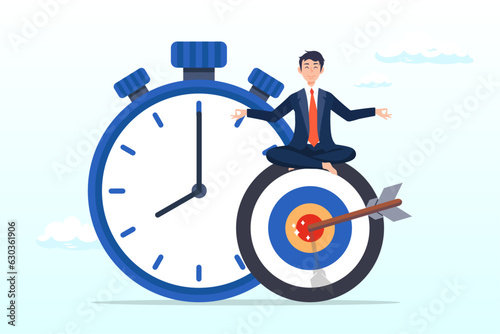 Calm businessman meditate on target and stopwatch, self discipline, professional to finish work or achieve goal before deadline, time management, productivity to reach target in timely manner (Vector)