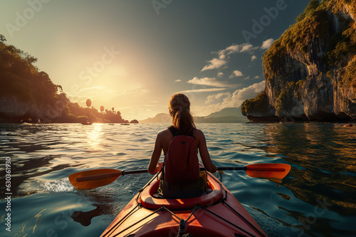 A Lady Enjoying Kayaking in the Calm Sea. created with Generative AI