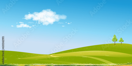 Spring Landscape Green fields,Mountain,Blue Sky and Clouds Background,Horizon peaceful rural nature Sunny day Summer with grass land.Cartoon Vector illustration for Spring and Summer banner